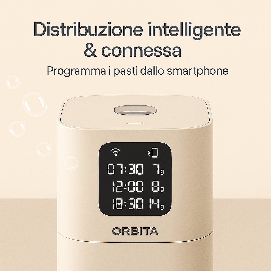 ORBITA Feed — Distributore automatico di crocchette connesso e silenzioso per gatti